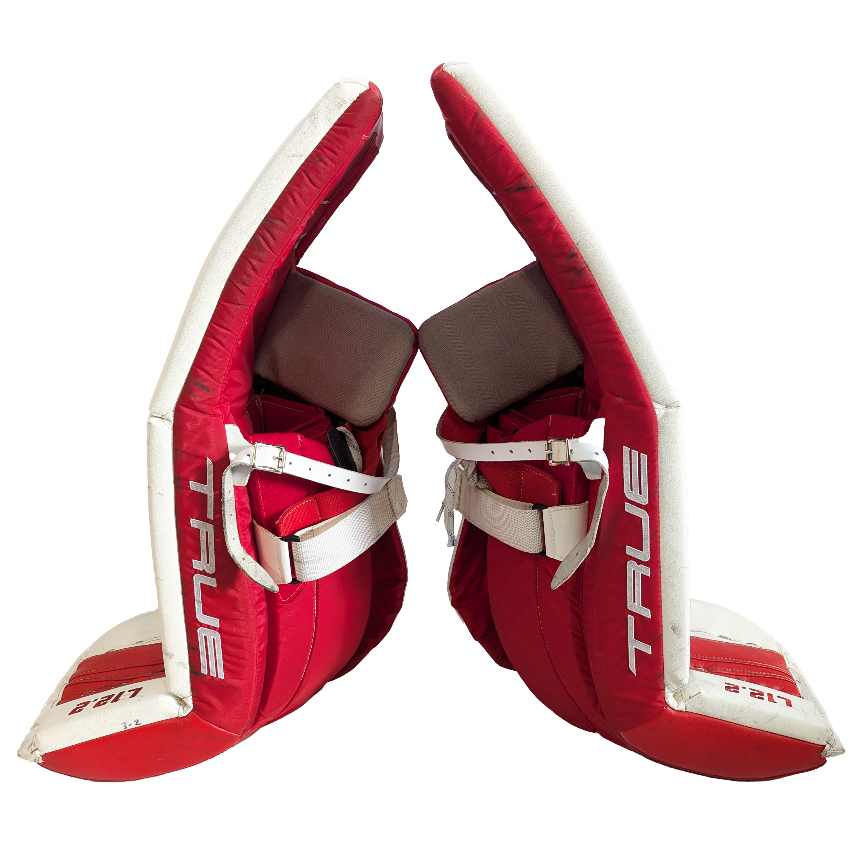 TRUE L12.2 - Jambières de gardien de but AHL Pro Stock d'occasion (blanches/rouges)